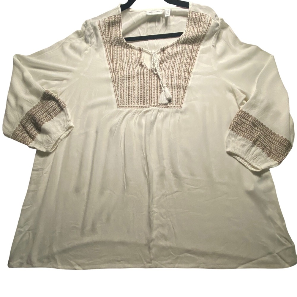 Susan Graver Womens 2X White Embroidered Peasant Blouse‎ Tassel 3/4 Sleeve Top
